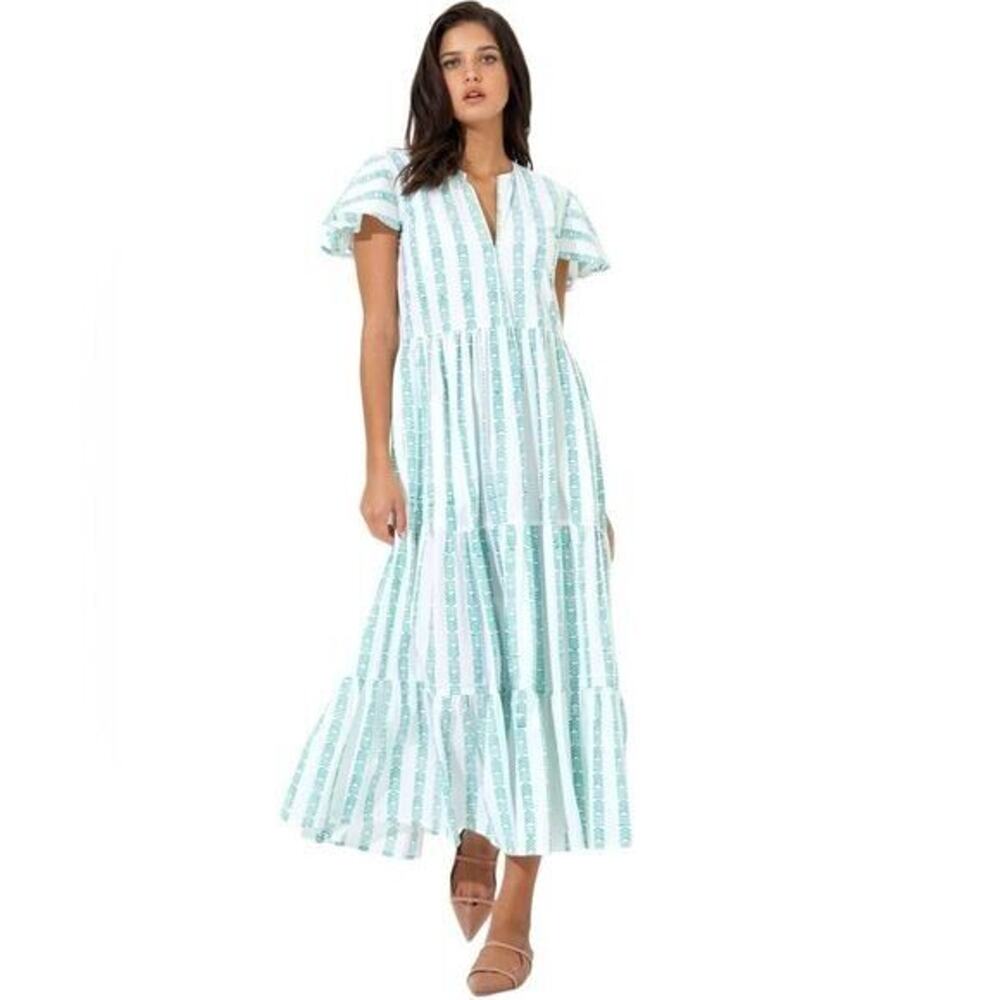 Oliphant Archer Green Short Sleeve V-Neck Tiered Pullover Maxi Dress Size XXS